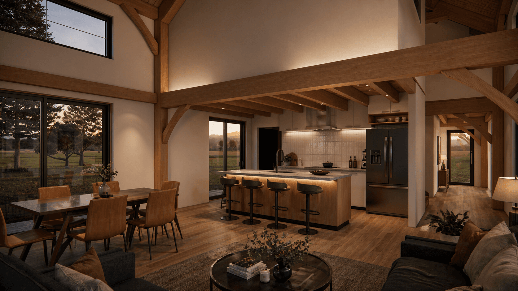 Three bedroom timber frame barn home with exposed Douglas-fir structure