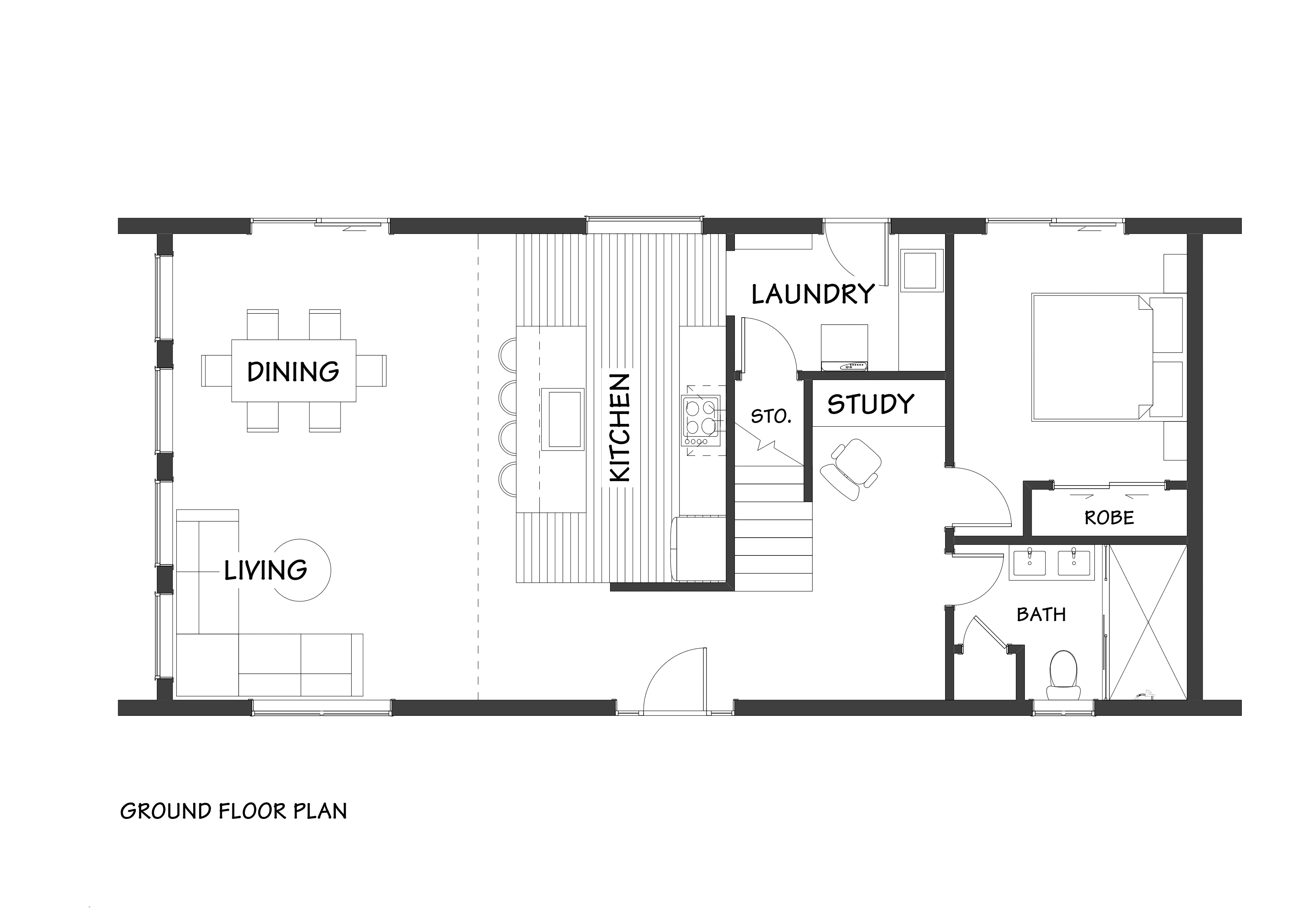 Architectural timber frame barn house for families, remote work and holiday living floor plan