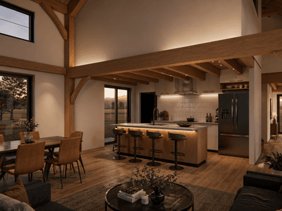 Three bedroom timber frame barn home with exposed Douglas-fir structure