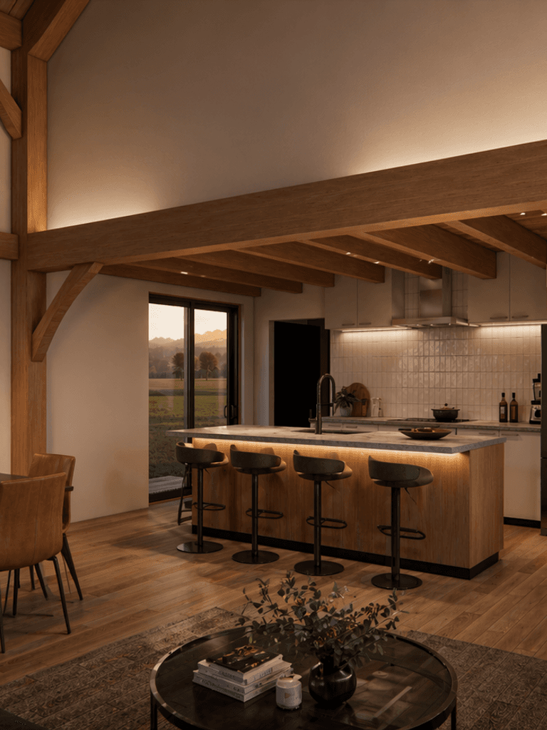 Three bedroom timber frame barn home with exposed Douglas-fir structure