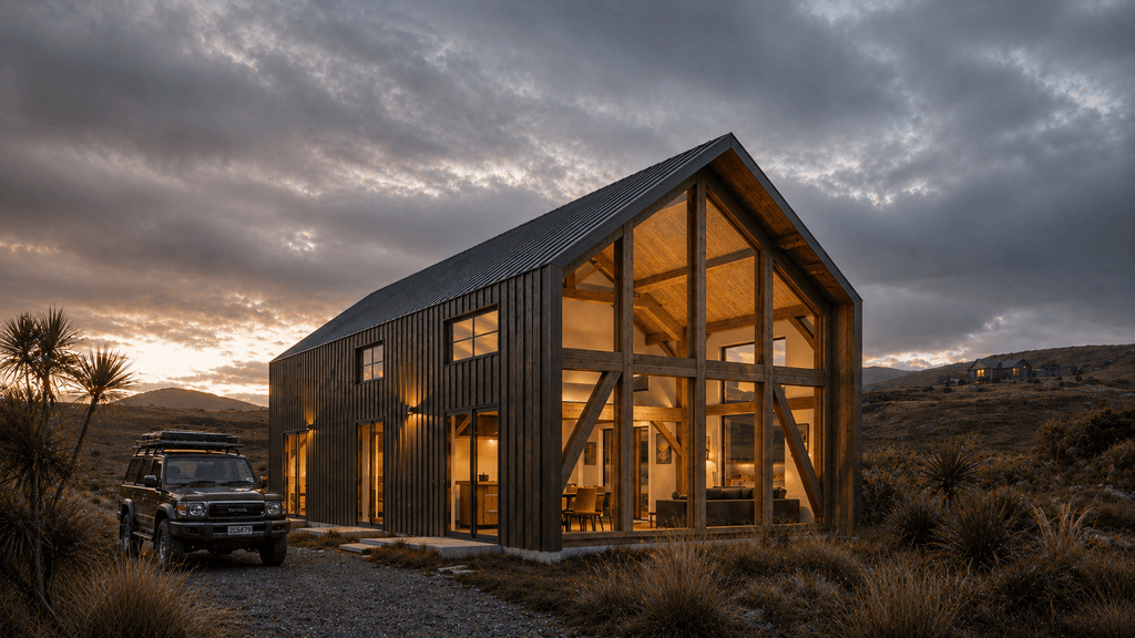 Modern timber frame alpine home with dark maple vertical timber cladding and charcoal corrugated roof, glowing at dusk in a rugged New Zealand high-country landscape surrounded by native tussocks, flaxes and cabbage trees.