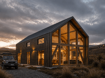Modern timber frame alpine home with dark maple vertical timber cladding and charcoal corrugated roof, glowing at dusk in a rugged New Zealand high-country landscape surrounded by native tussocks, flaxes and cabbage trees.