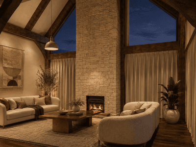 Architectural timber frame barn home living area in New Zealand built with premium post and beam construction and sustainable timber with limestone chimney