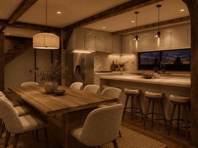 Modern New Zealand barn house kitchen with exposed timber frame, cathedral ceilings and traditional craftsmanship