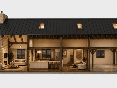 Cross section of timber frame barn home in NZ featuring traditional mortise and tenon timber craftsmanship