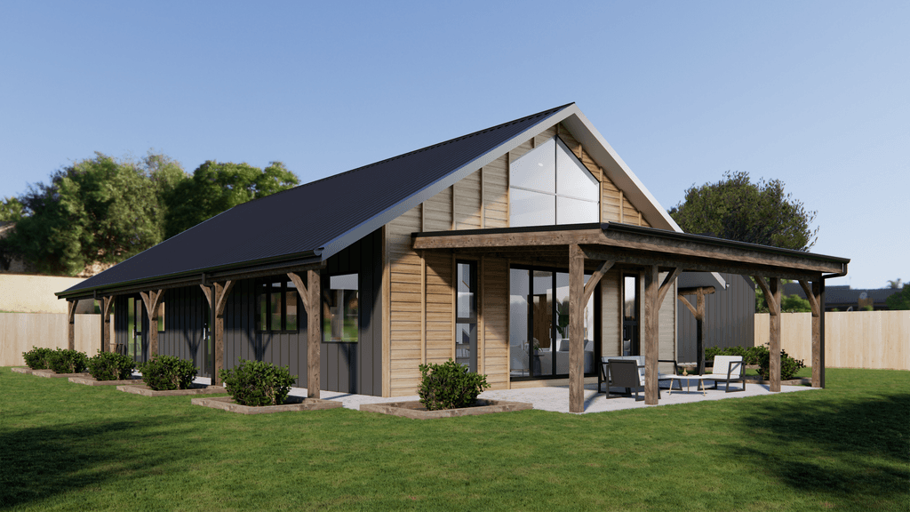 The affordable "hybrid barn home" by Heritage Timbercraft balances traditional post and beam timber framing with affordable building materials