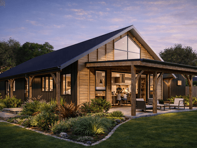 Affordable hybrid timber barn home blending traditional barn design with modern functionality for cost-conscious homeowners.