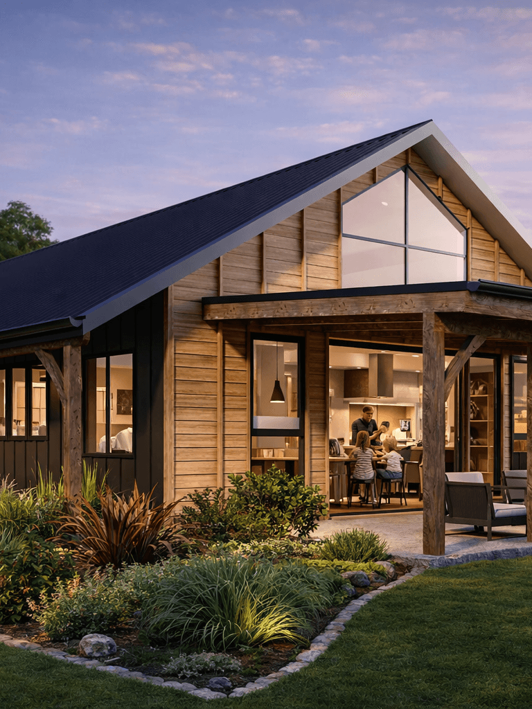 Affordable hybrid timber barn home blending traditional barn design with modern functionality for cost-conscious homeowners.
