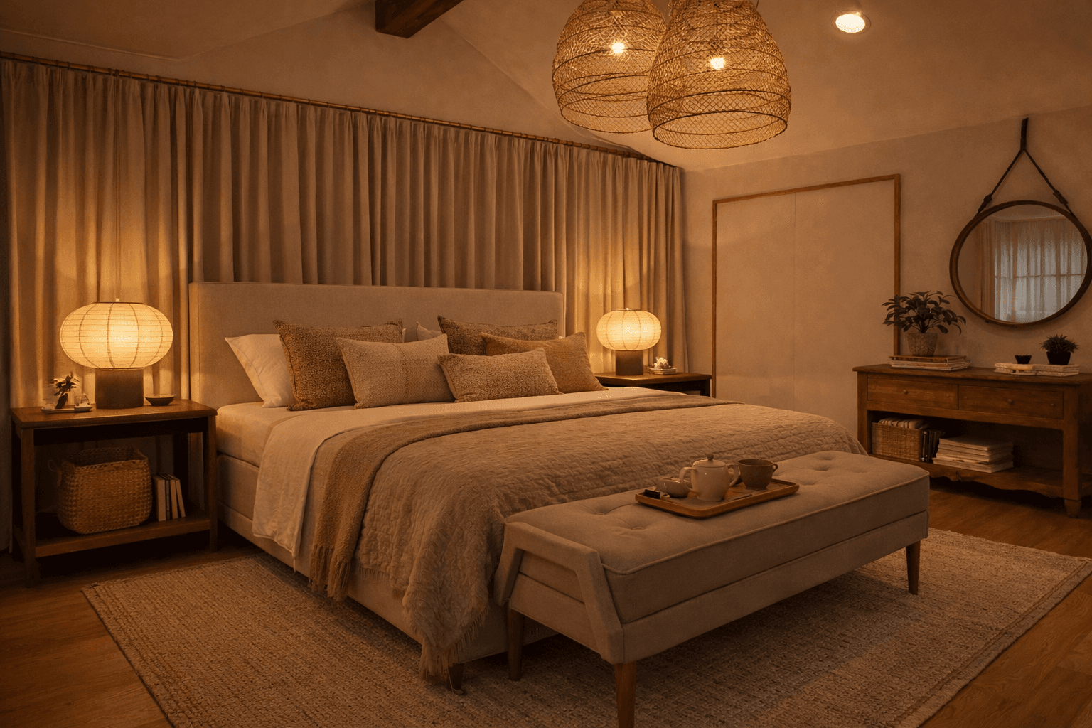 Warmly lit barn home master bedroom, affordably built using hybrid method of construction with SIPs