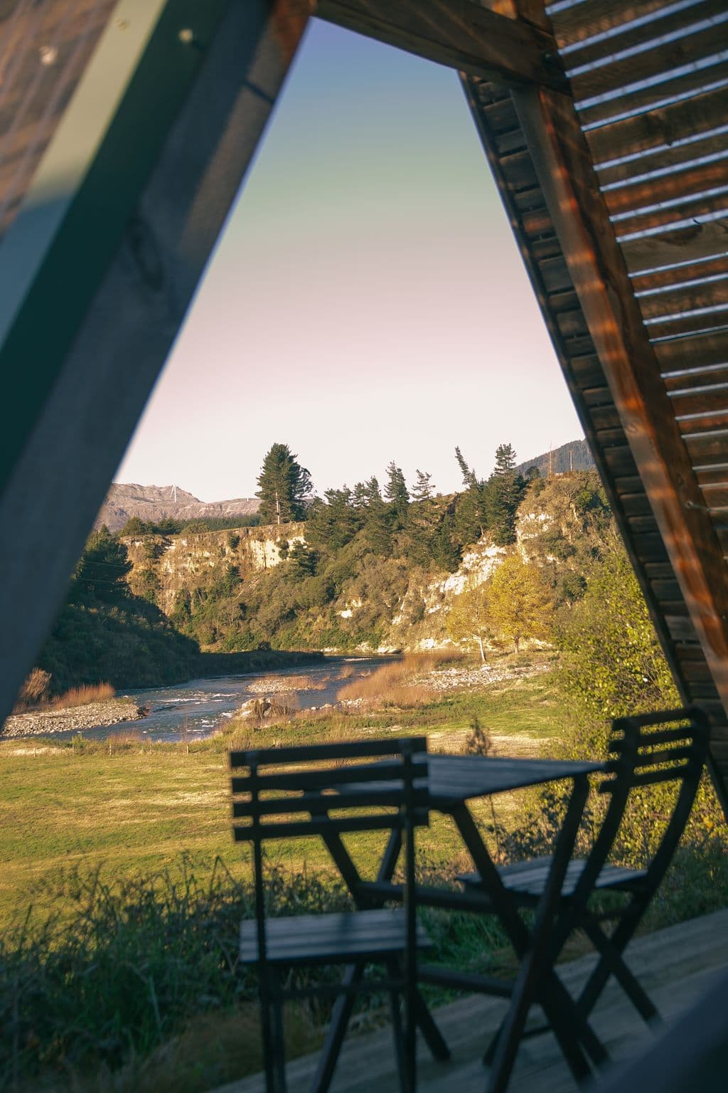 View from one of the cabins at Mohaka River Farm with amazing river views for guests staying on the property