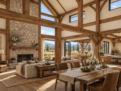 NZ timber frame barn home interio with traditional mortise and tenon joinery
