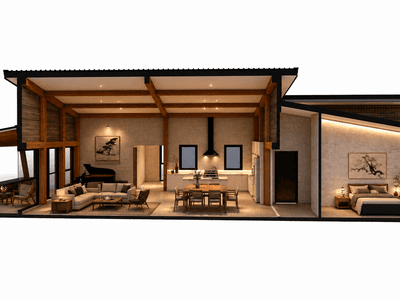 Contemporary 252m2 timber frame residence with three bedrooms and dedicated home office cross section