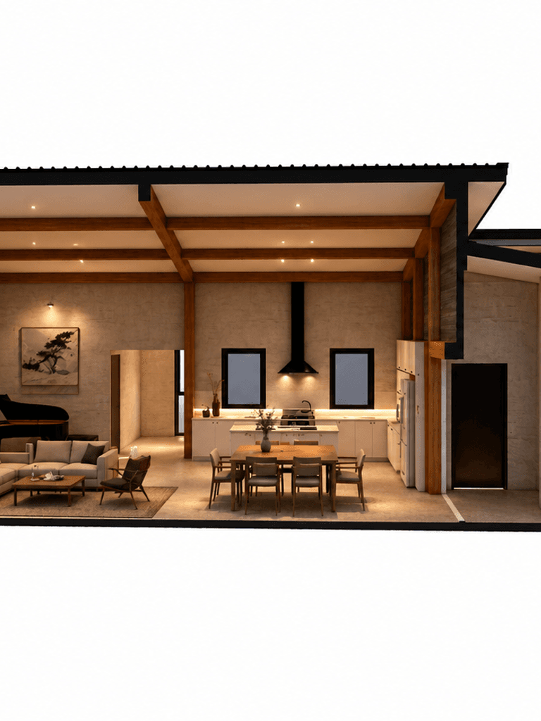 Contemporary 252m2 timber frame residence with three bedrooms and dedicated home office cross section