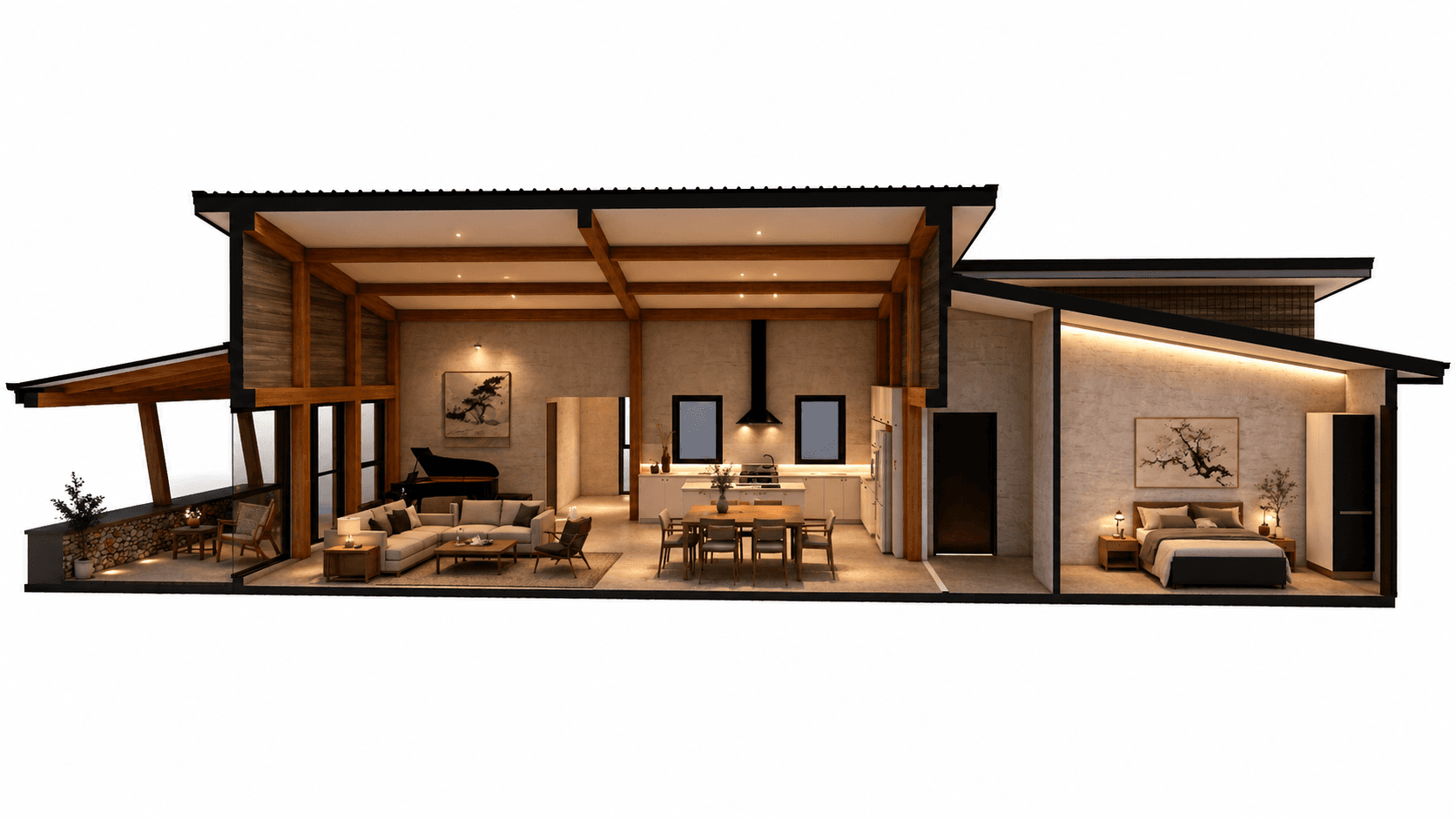 Contemporary 252m2 timber frame residence with three bedrooms and dedicated home office cross section