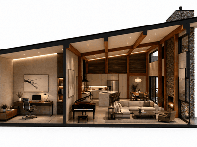 Large modern monopitch timber home with open plan living and natural timber detailing cross section