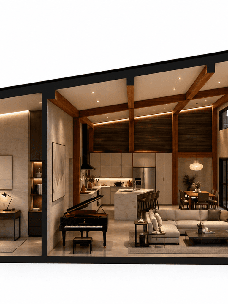 Large modern monopitch timber home with open plan living and natural timber detailing cross section