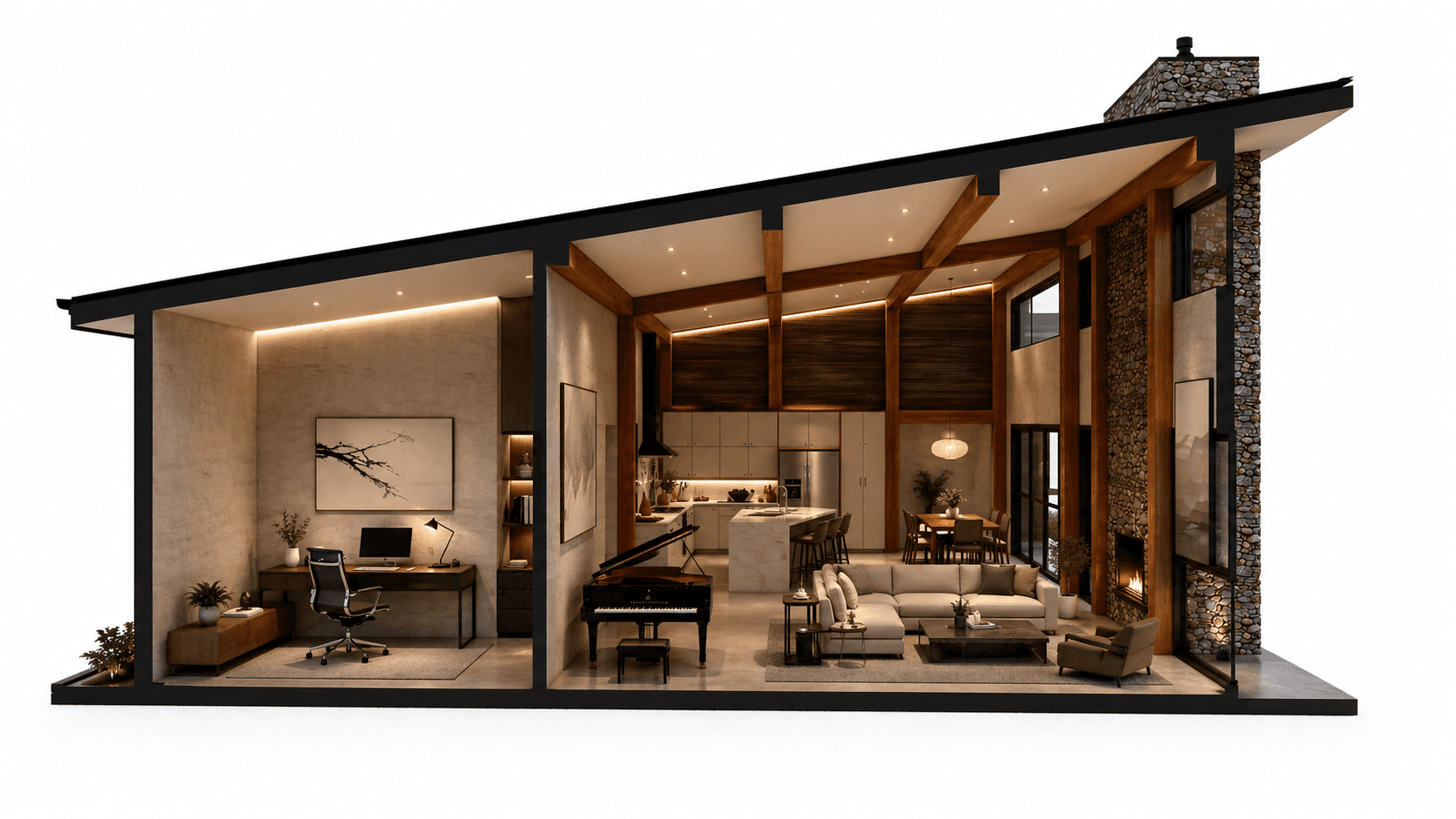 Large modern monopitch timber home with open plan living and natural timber detailing cross section