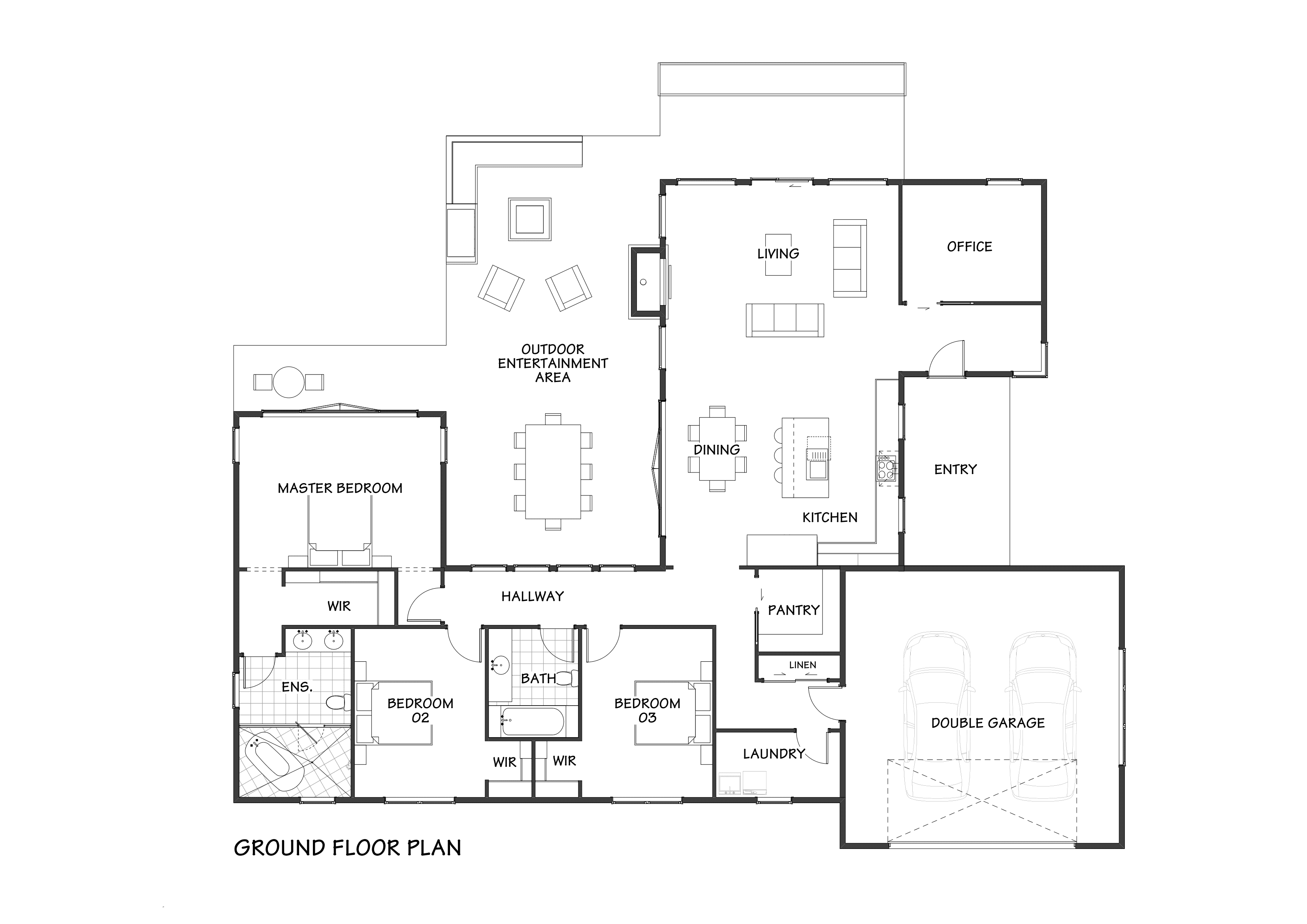Elegant modern barn inspired timber frame home with office space and three bedroom layout floor plan