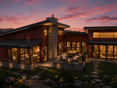 Modern timber frame monopitch home exterior with expansive glazing and 252m2 floor plan