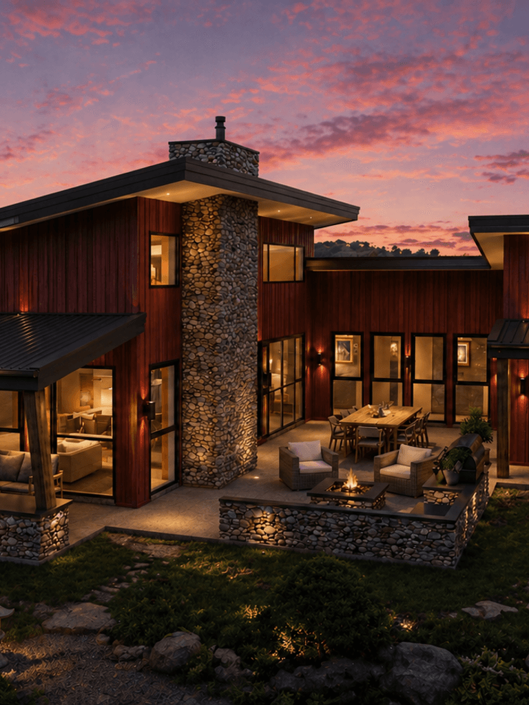 Modern timber frame monopitch home exterior with expansive glazing and 252m2 floor plan