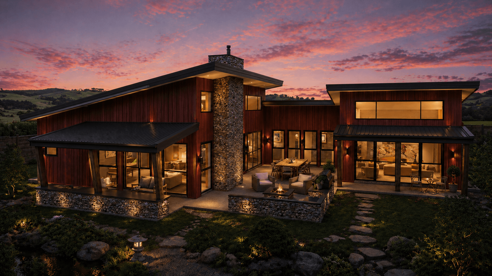 Modern timber frame monopitch home exterior with expansive glazing and 252m2 floor plan