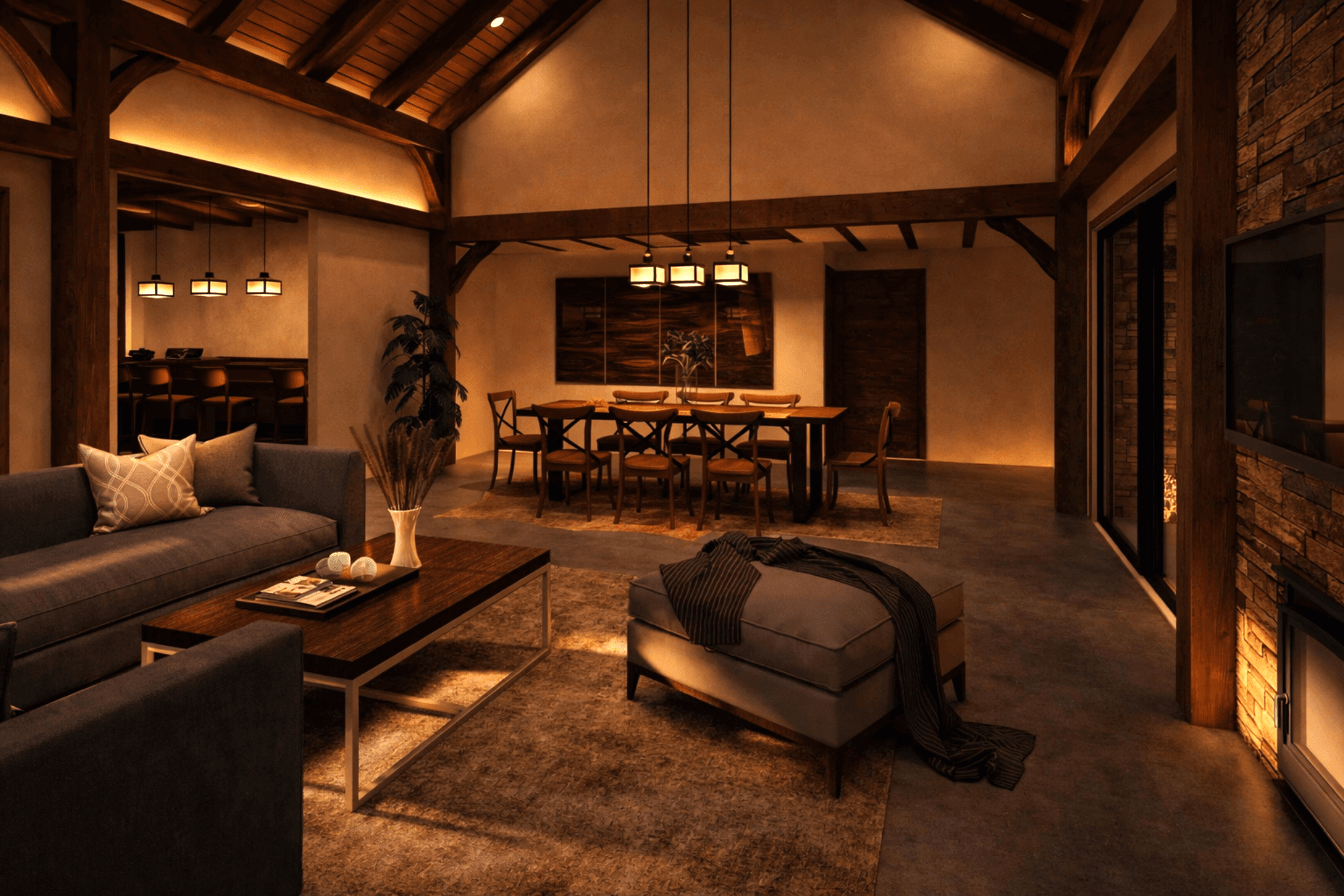 Elegant timber home living space with open family entertaining space in NZ prairie inspired interior