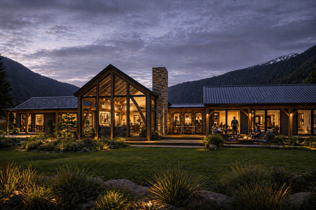High-end timber frame single-storey barn home with sprawling layout, ideal for rural living with modern architecture.