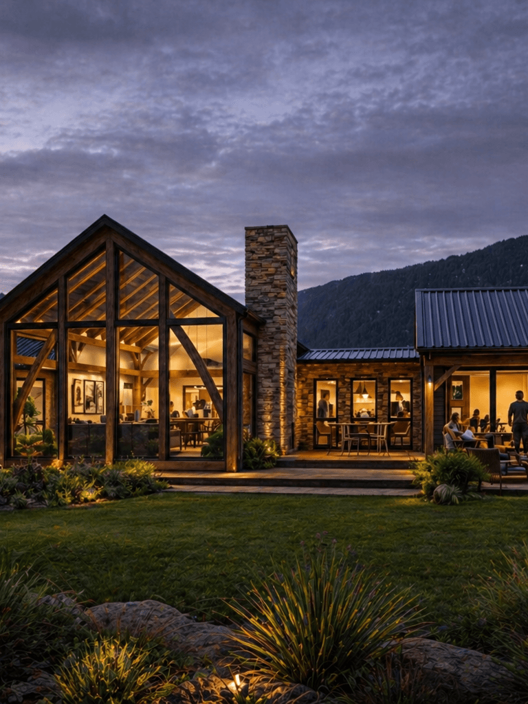 High-end timber frame single-storey barn home with sprawling layout, ideal for rural living with modern architecture.