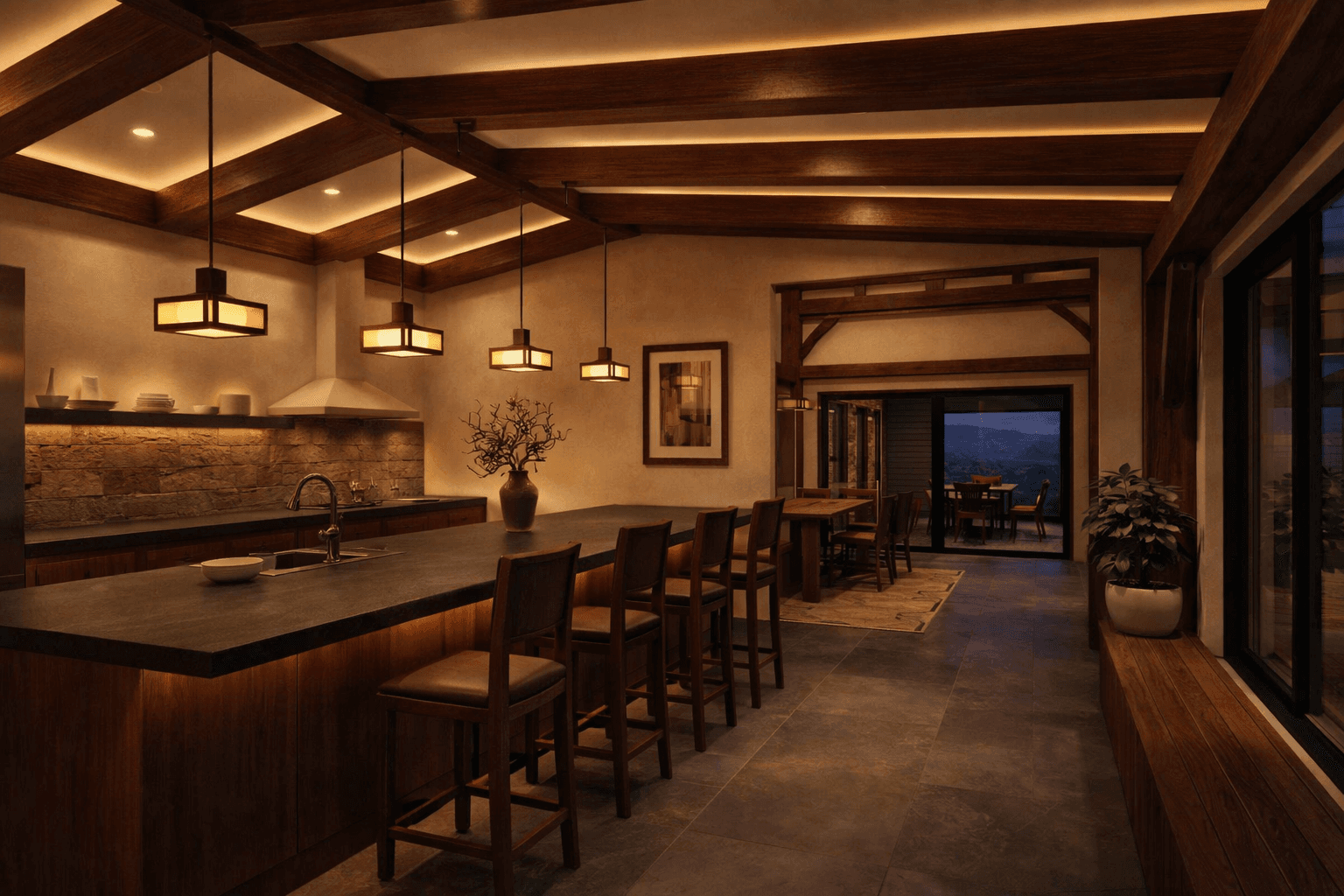 Refined timber home with vaulted ceilings in New Zealand prairie inspired kitchen