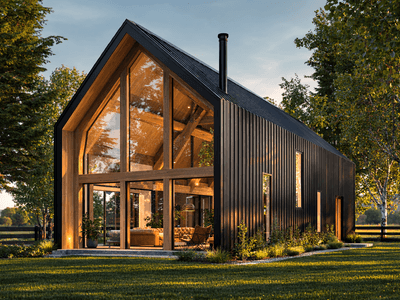 Modern barn style timber frame home with large gable window, dark vertical timber cladding, and exposed mortise-and-tenon post and beam construction in a rural New Zealand landscape.