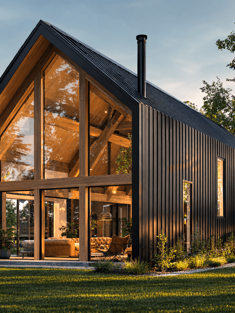 Modern barn style timber frame home with large gable window, dark vertical timber cladding, and exposed mortise-and-tenon post and beam construction in a rural New Zealand landscape.