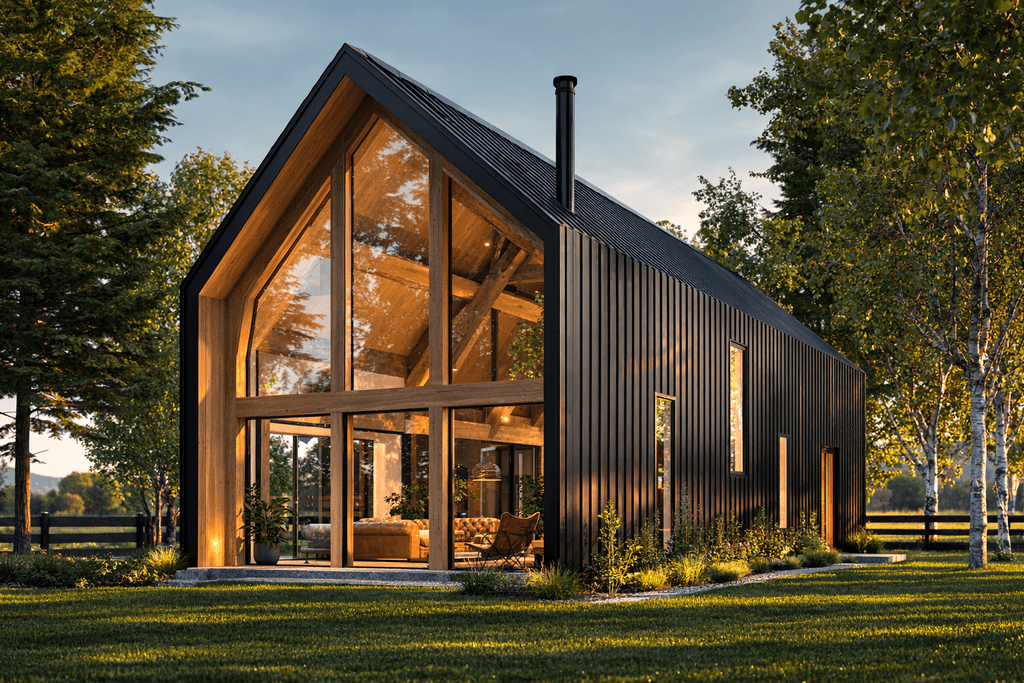 Modern barn style timber frame home with large gable window, dark vertical timber cladding, and exposed mortise-and-tenon post and beam construction in a rural New Zealand landscape.