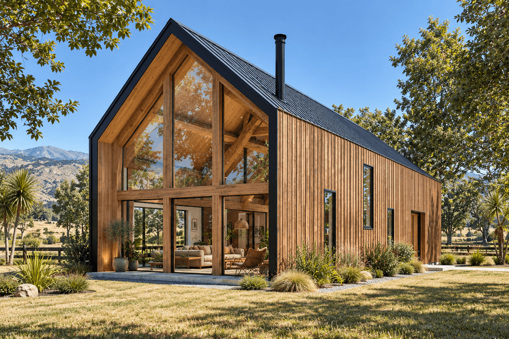 NZ timber frame holiday home with large front facing windows by Heritage Timbercraft