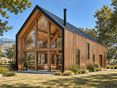 NZ timber frame holiday home with large front facing windows by Heritage Timbercraft