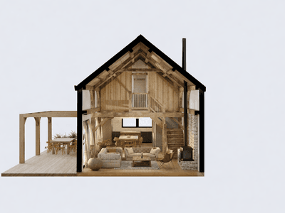 Luxury timber frame barn house with warm ambient interior lighting and minimalist wabi sabi styling