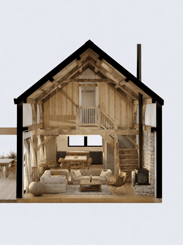 Luxury timber frame barn house with warm ambient interior lighting and minimalist wabi sabi styling