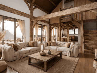 Stylish barn conversion with open-plan living, exposed timber beams, and soft evening lighting
