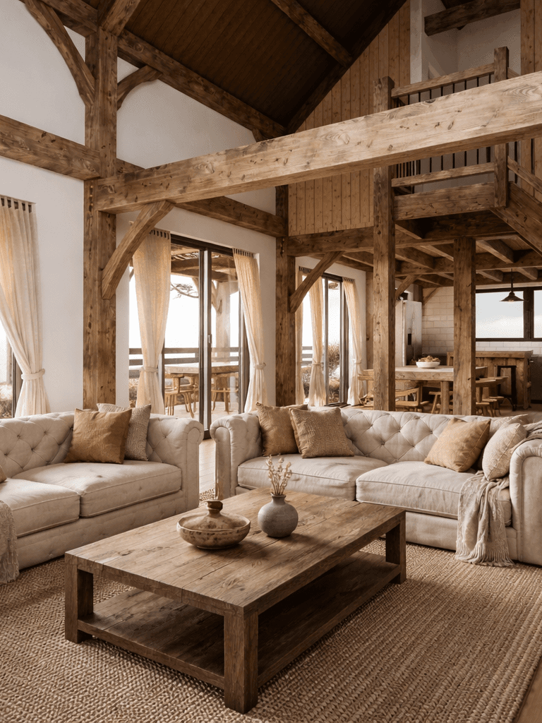 Stylish barn conversion with open-plan living, exposed timber beams, and soft evening lighting