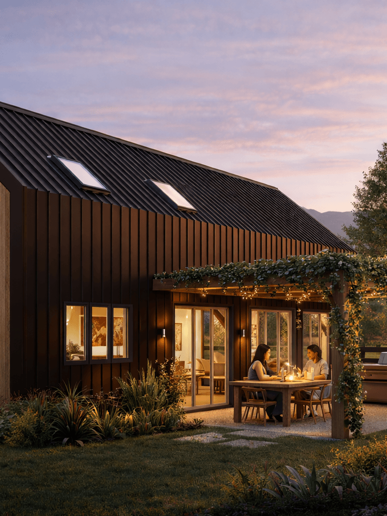 Modern barn-style home with earthy blue timber cladding and charcoal roof in a landscaped New Zealand garden