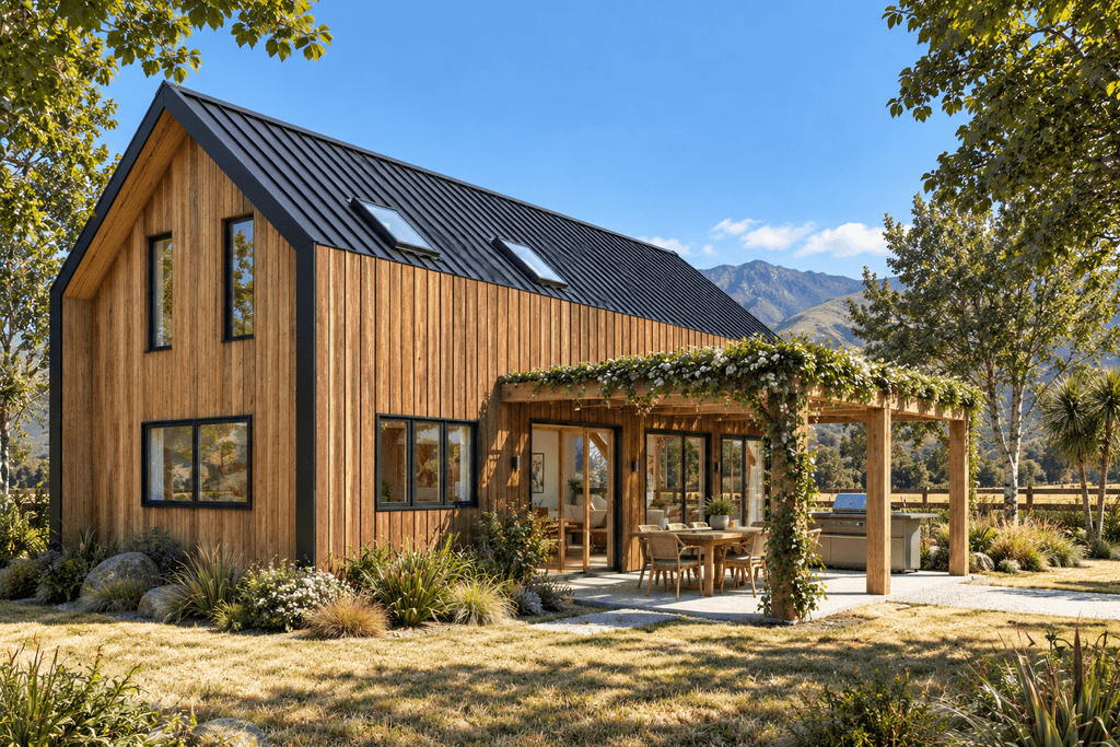 Modern NZ barn style home, one bedroom design with floor to ceiling windows