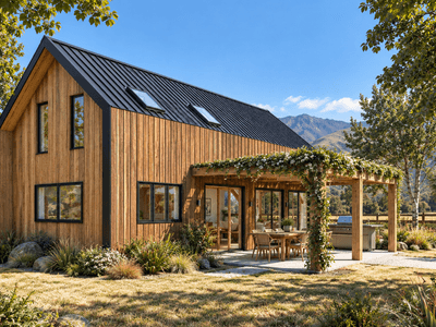 Modern NZ barn style home, one bedroom design with floor to ceiling windows