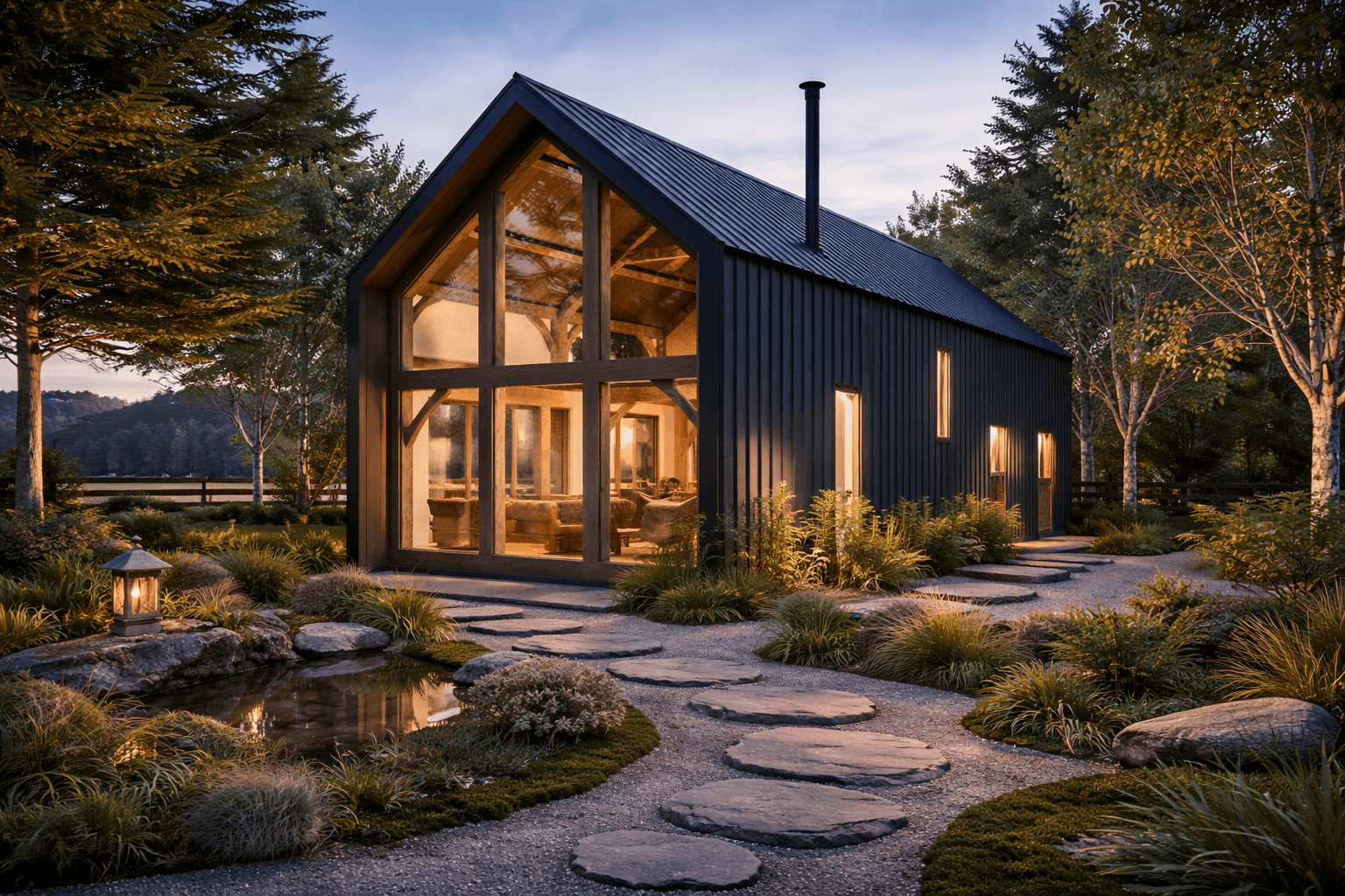 Contemporary rural New Zealand home with Japanese-inspired zen garden and large glass gable frontage