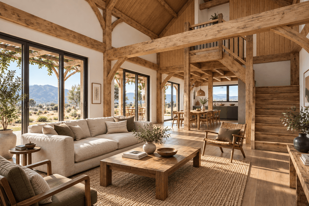 Timber frame home New Zealand with vaulted ceilings and open living space