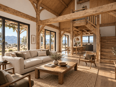 Timber frame home New Zealand with vaulted ceilings and open living space
