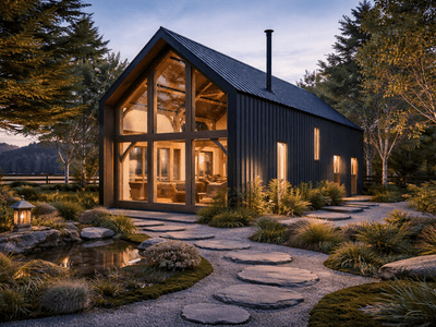 Contemporary rural New Zealand home with Japanese-inspired zen garden and large glass gable frontage
