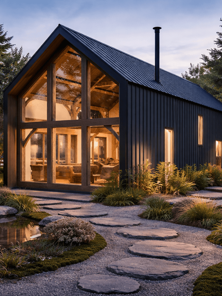 Contemporary rural New Zealand home with Japanese-inspired zen garden and large glass gable frontage