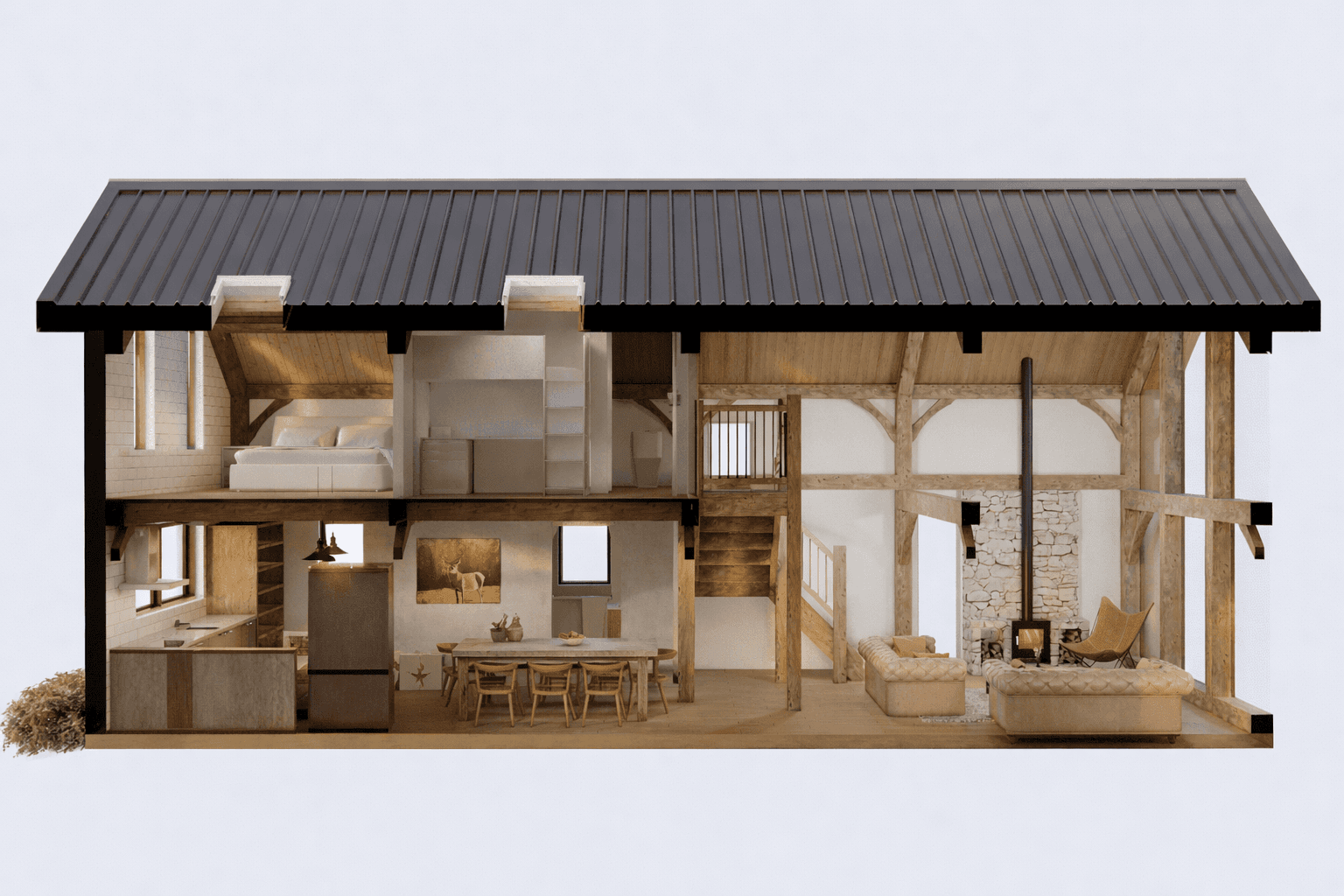 Contemporary rural New Zealand home with Japanese-inspired interior and large glass gable frontage