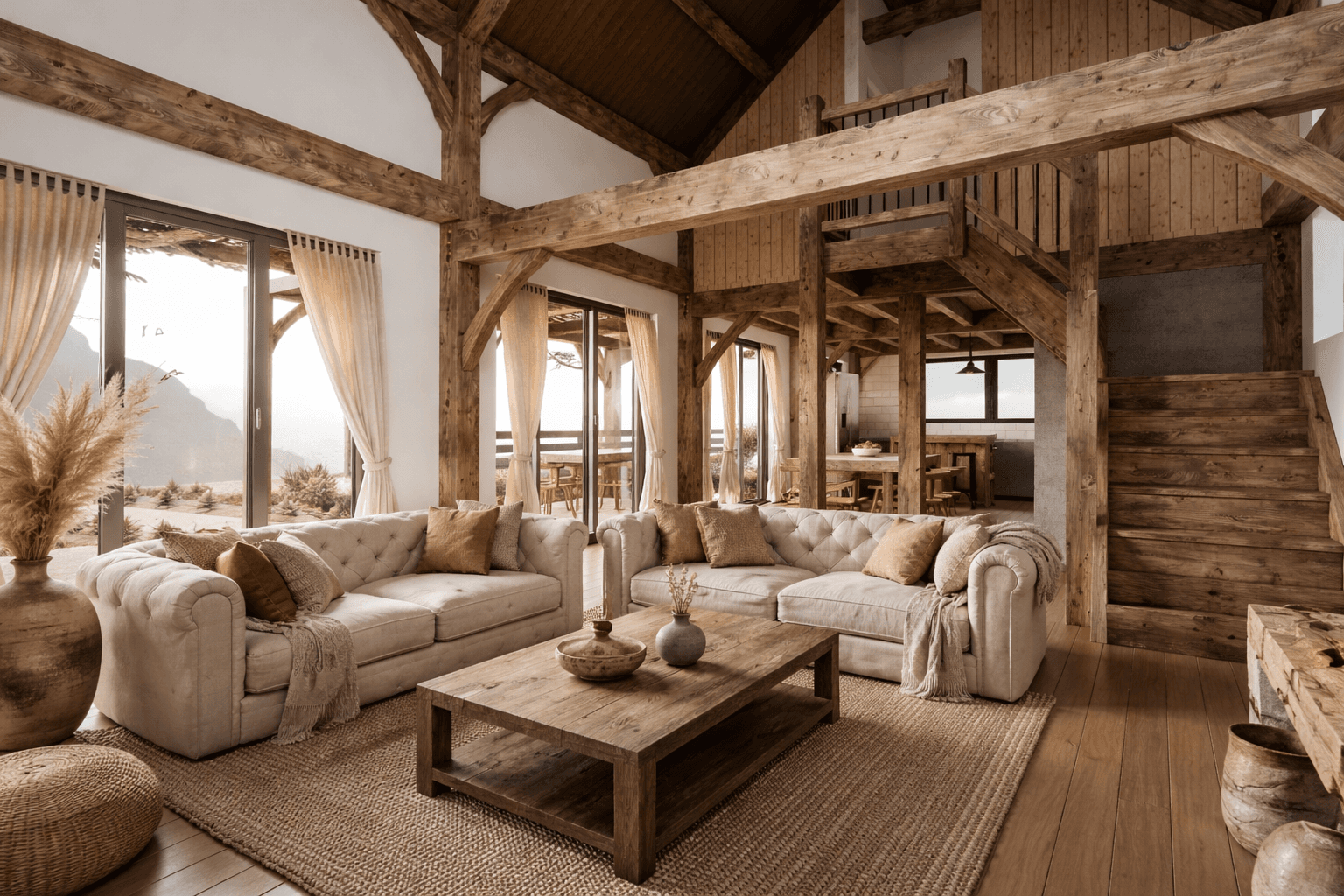 Stylish barn conversion with open-plan living, exposed timber beams, and soft evening lighting