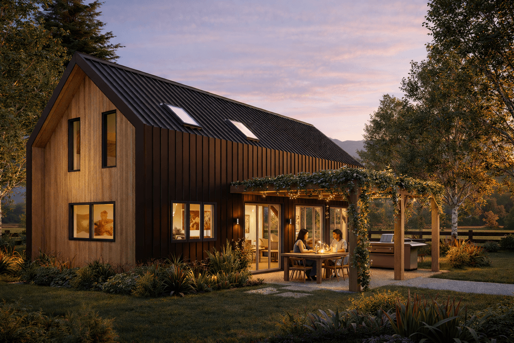 Modern barn-style home with earthy blue timber cladding and charcoal roof in a landscaped New Zealand garden
