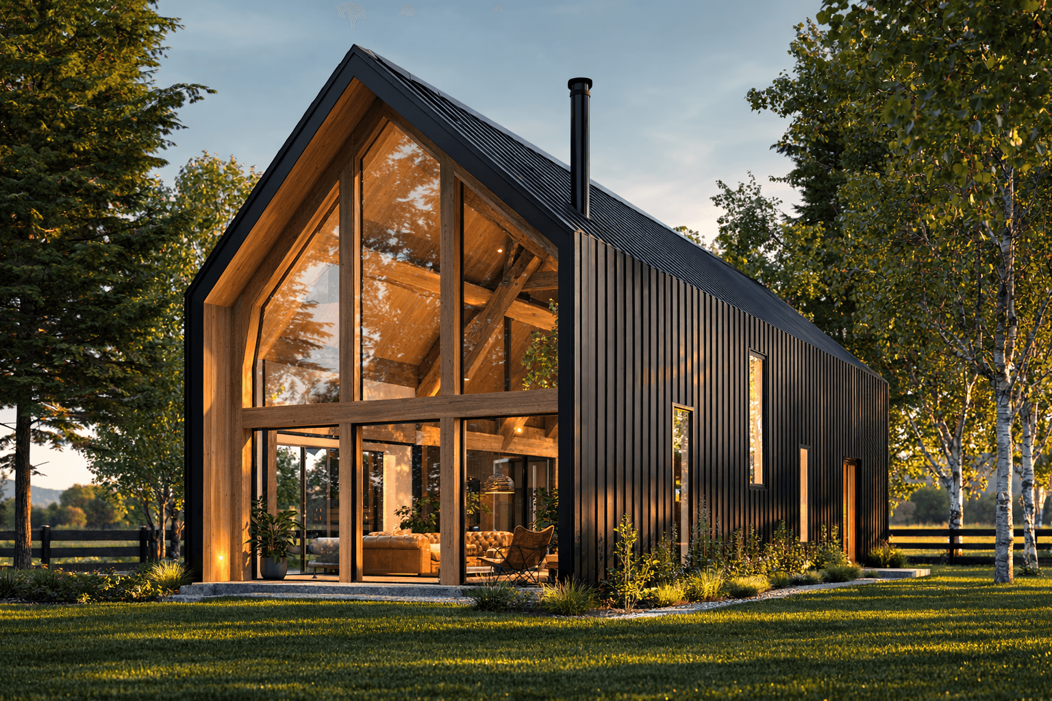 Modern barn style timber frame home with large gable window, dark vertical timber cladding, and exposed mortise-and-tenon post and beam construction in a rural New Zealand landscape.